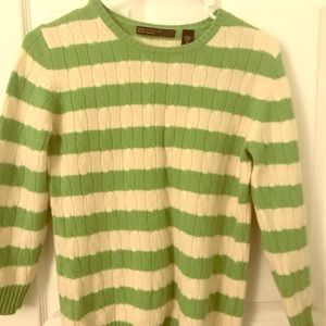 Green & white cashmere cable knit striped sweater